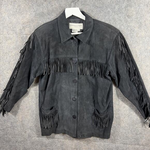 Adrienne Vittadini Jackets & Blazers - Vtg Adrienne‎ Vittadini Women’s Petite Black Suede Jacket Leather Fringe 90s